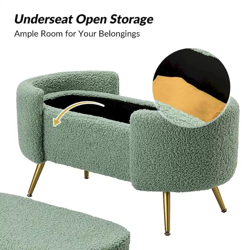 Grey / Sage / Mustard / Ivory / Blue / Cream Sherpa Upholstered Storage Bench with Gold Metal Legs, Single Seat