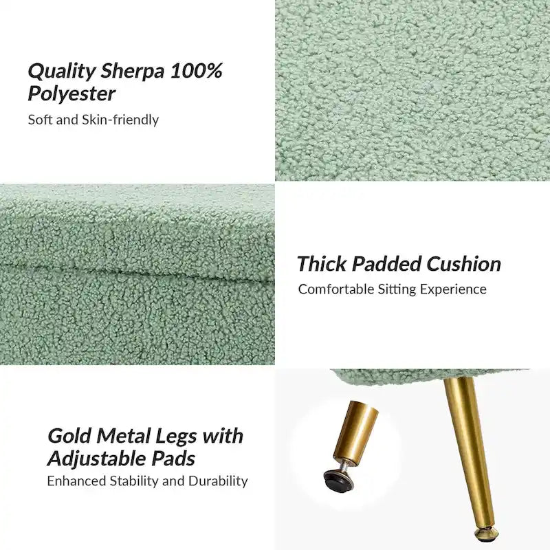 Grey / Sage / Mustard / Ivory / Blue / Cream Sherpa Upholstered Storage Bench with Gold Metal Legs, Single Seat