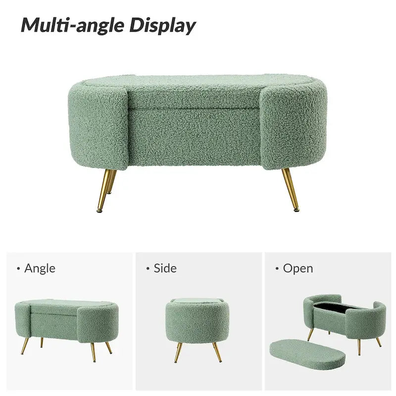 Grey / Sage / Mustard / Ivory / Blue / Cream Sherpa Upholstered Storage Bench with Gold Metal Legs, Single Seat