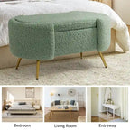 Grey / Sage / Mustard / Ivory / Blue / Cream Sherpa Upholstered Storage Bench with Gold Metal Legs, Single Seat