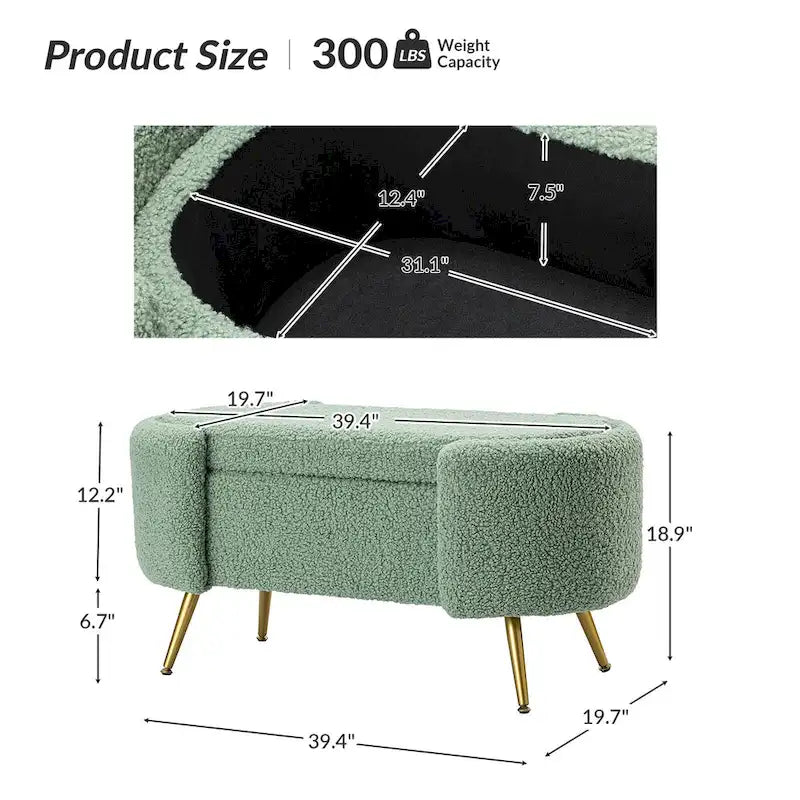 Grey / Sage / Mustard / Ivory / Blue / Cream Sherpa Upholstered Storage Bench with Gold Metal Legs, Single Seat