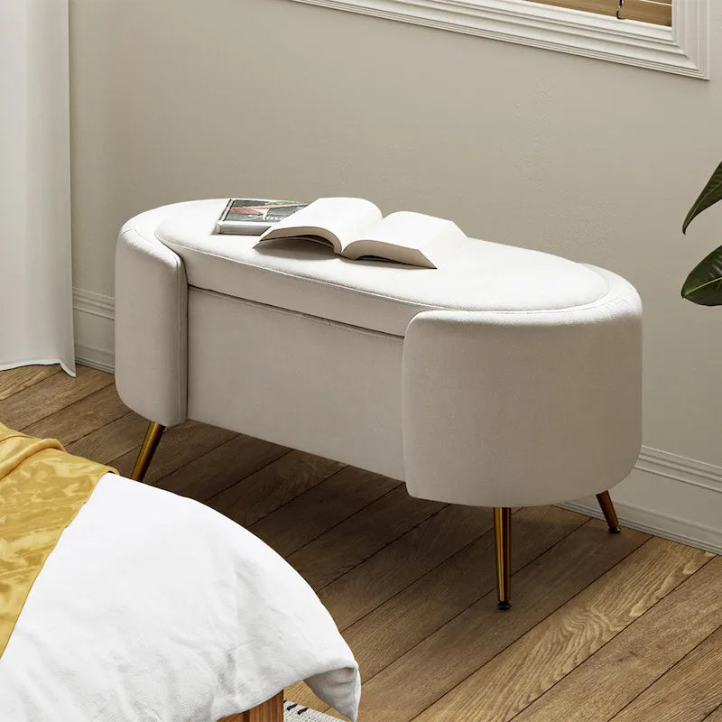 Grey / Sage / Mustard / Ivory / Blue / Cream Sherpa Upholstered Storage Bench with Gold Metal Legs, Single Seat