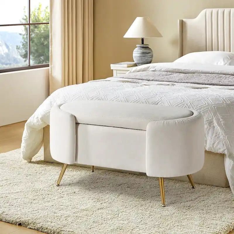 Grey / Sage / Mustard / Ivory / Blue / Cream Sherpa Upholstered Storage Bench with Gold Metal Legs, Single Seat