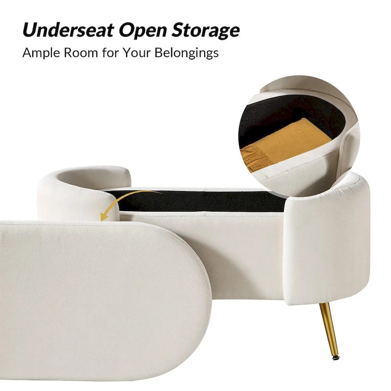 Grey / Sage / Mustard / Ivory / Blue / Cream Sherpa Upholstered Storage Bench with Gold Metal Legs, Single Seat