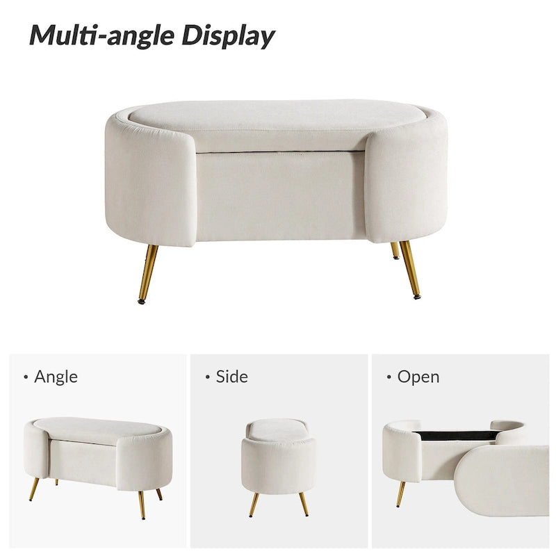 Grey / Sage / Mustard / Ivory / Blue / Cream Sherpa Upholstered Storage Bench with Gold Metal Legs, Single Seat