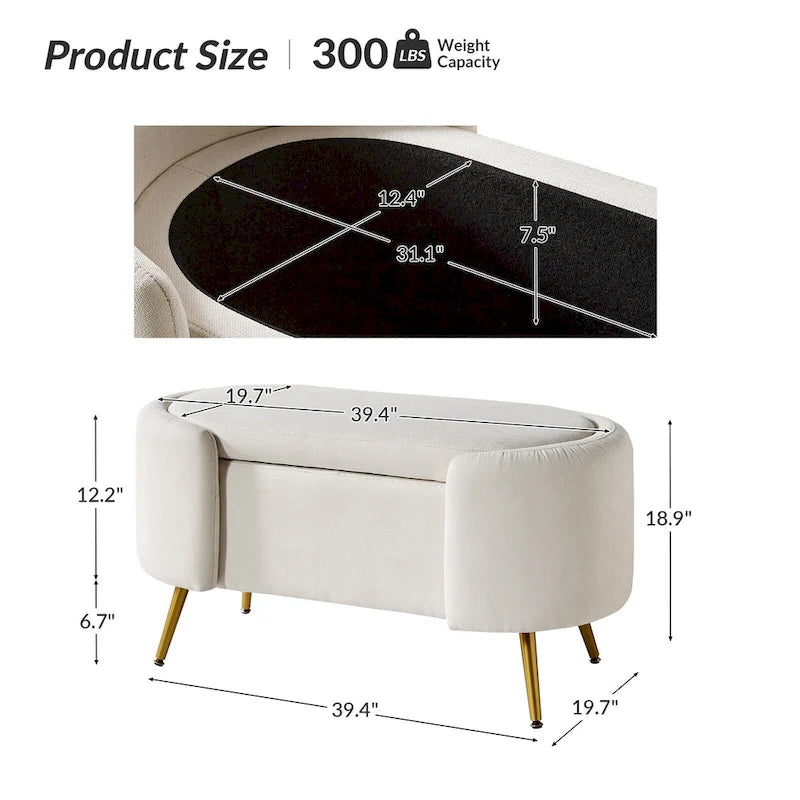Grey / Sage / Mustard / Ivory / Blue / Cream Sherpa Upholstered Storage Bench with Gold Metal Legs, Single Seat