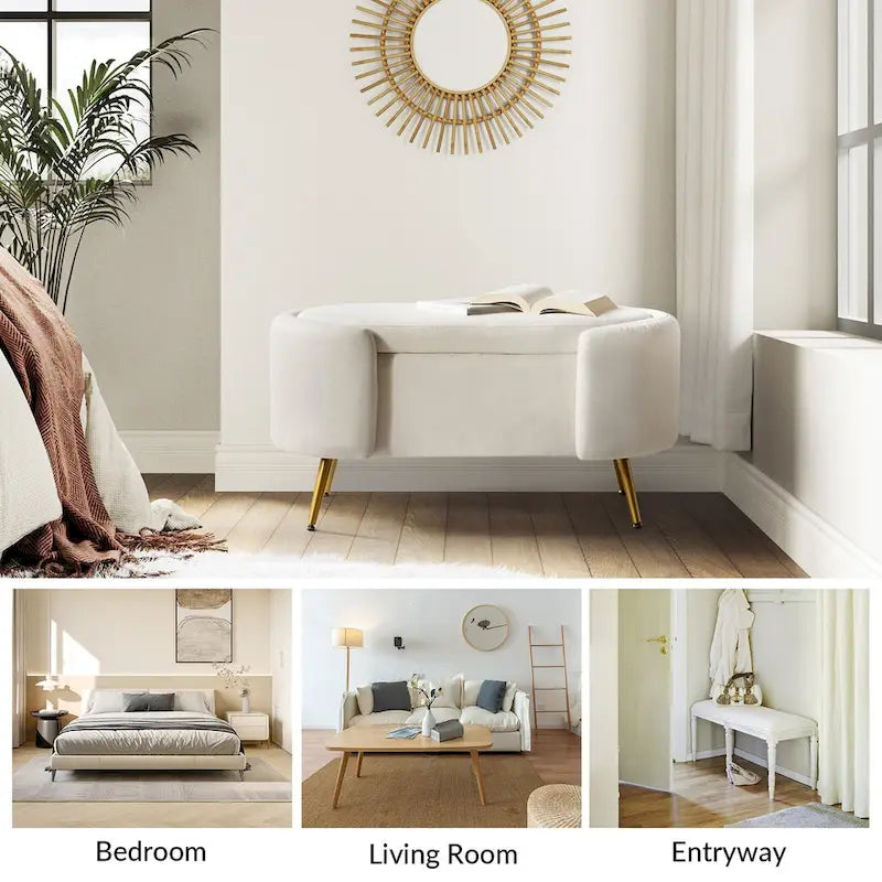 Grey / Sage / Mustard / Ivory / Blue / Cream Sherpa Upholstered Storage Bench with Gold Metal Legs, Single Seat