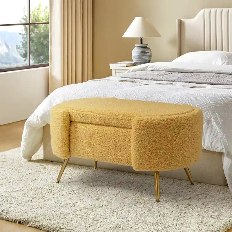 Grey / Sage / Mustard / Ivory / Blue / Cream Sherpa Upholstered Storage Bench with Gold Metal Legs, Single Seat