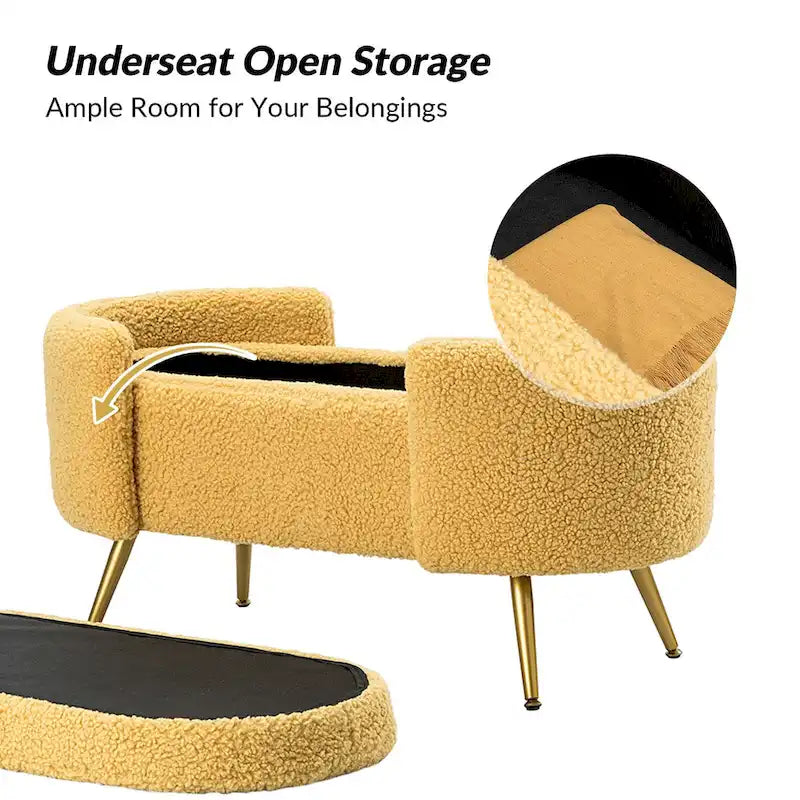 Grey / Sage / Mustard / Ivory / Blue / Cream Sherpa Upholstered Storage Bench with Gold Metal Legs, Single Seat