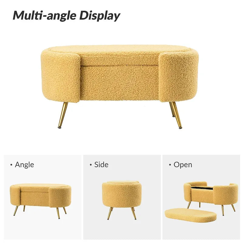 Grey / Sage / Mustard / Ivory / Blue / Cream Sherpa Upholstered Storage Bench with Gold Metal Legs, Single Seat