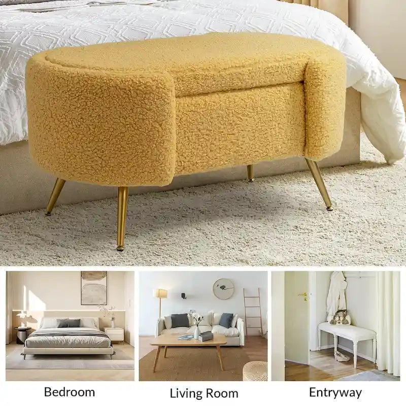 Grey / Sage / Mustard / Ivory / Blue / Cream Sherpa Upholstered Storage Bench with Gold Metal Legs, Single Seat