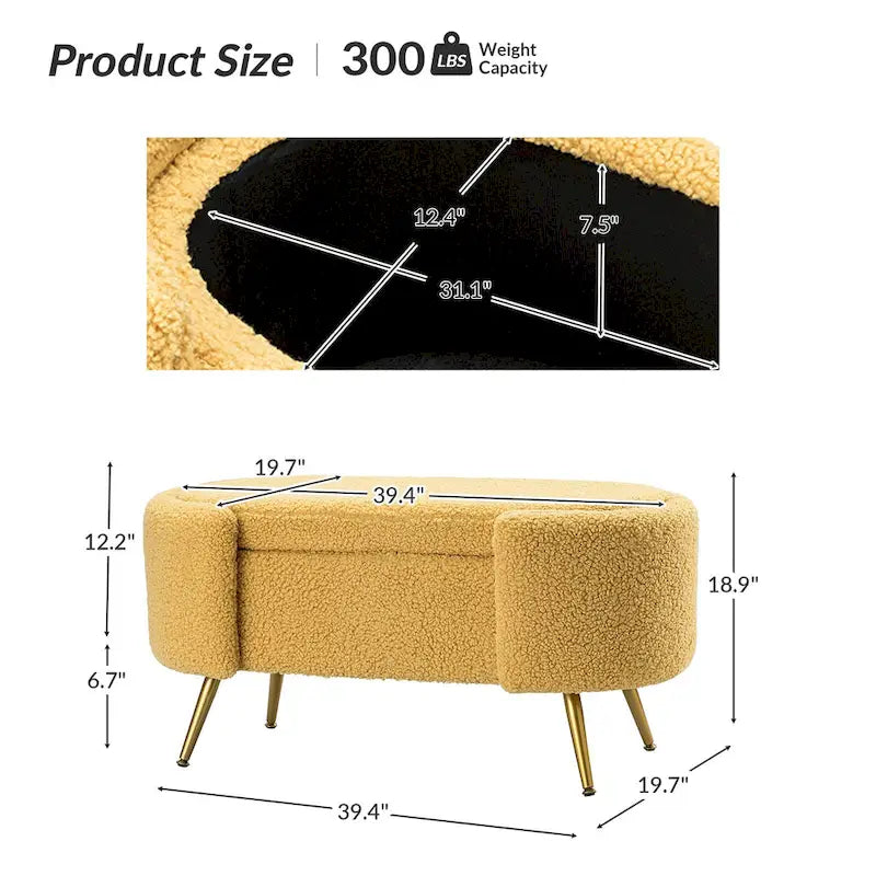 Grey / Sage / Mustard / Ivory / Blue / Cream Sherpa Upholstered Storage Bench with Gold Metal Legs, Single Seat