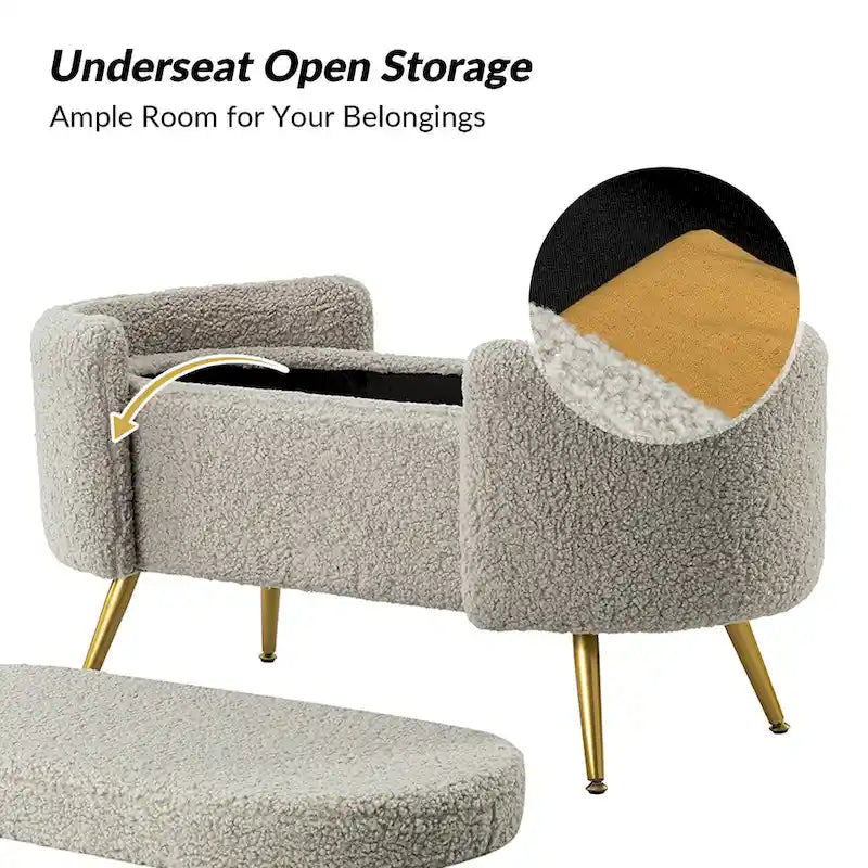 Grey / Sage / Mustard / Ivory / Blue / Cream Sherpa Upholstered Storage Bench with Gold Metal Legs, Single Seat
