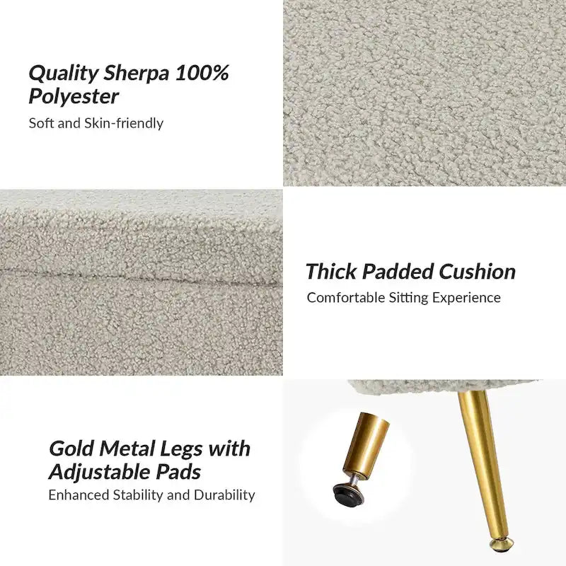 Grey / Sage / Mustard / Ivory / Blue / Cream Sherpa Upholstered Storage Bench with Gold Metal Legs, Single Seat