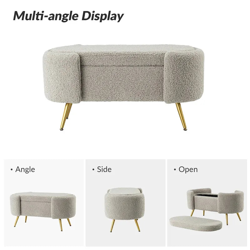 Grey / Sage / Mustard / Ivory / Blue / Cream Sherpa Upholstered Storage Bench with Gold Metal Legs, Single Seat