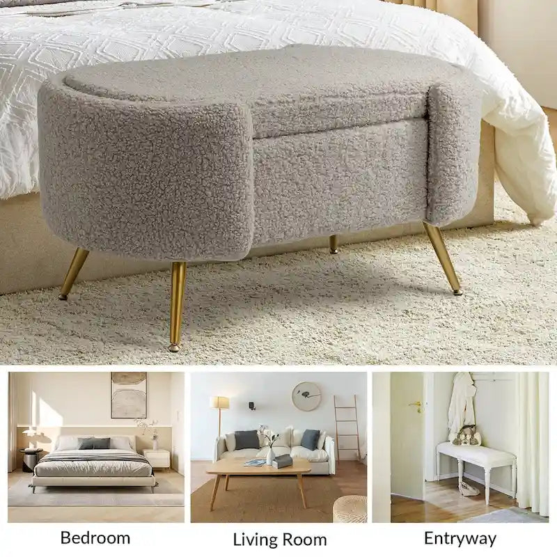Grey / Sage / Mustard / Ivory / Blue / Cream Sherpa Upholstered Storage Bench with Gold Metal Legs, Single Seat