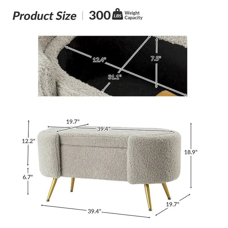 Grey / Sage / Mustard / Ivory / Blue / Cream Sherpa Upholstered Storage Bench with Gold Metal Legs, Single Seat