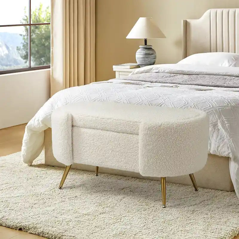 Grey / Sage / Mustard / Ivory / Blue / Cream Sherpa Upholstered Storage Bench with Gold Metal Legs, Single Seat