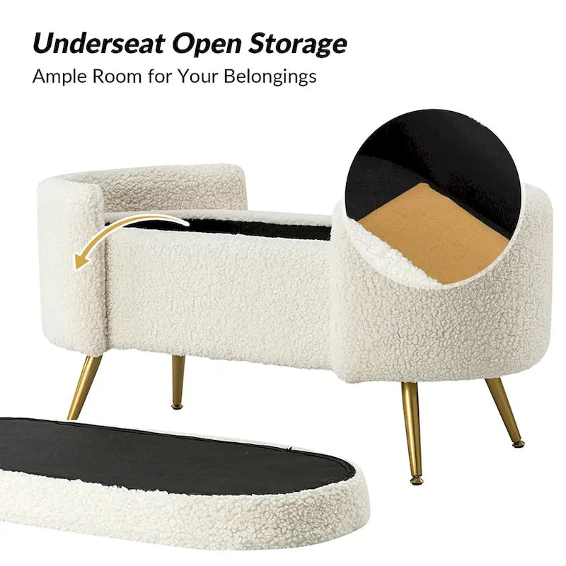 Grey / Sage / Mustard / Ivory / Blue / Cream Sherpa Upholstered Storage Bench with Gold Metal Legs, Single Seat