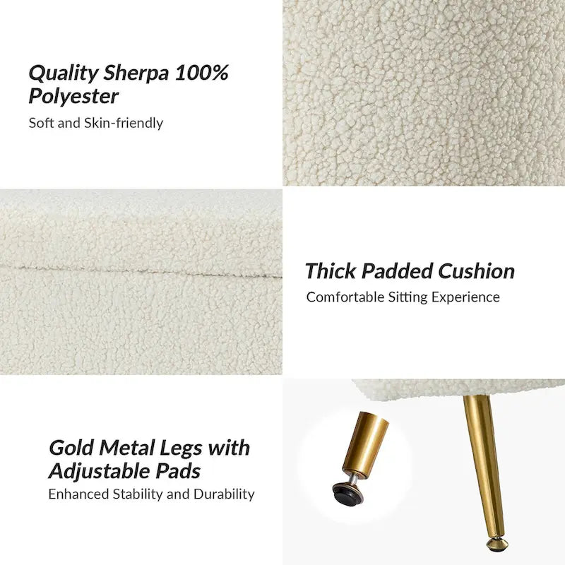 Grey / Sage / Mustard / Ivory / Blue / Cream Sherpa Upholstered Storage Bench with Gold Metal Legs, Single Seat