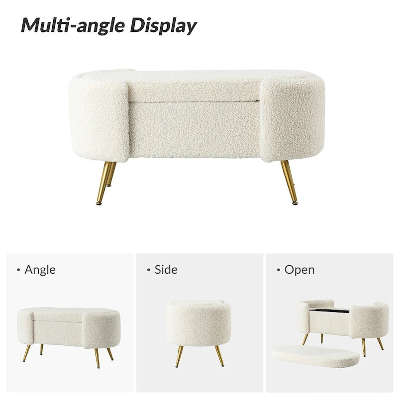 Grey / Sage / Mustard / Ivory / Blue / Cream Sherpa Upholstered Storage Bench with Gold Metal Legs, Single Seat