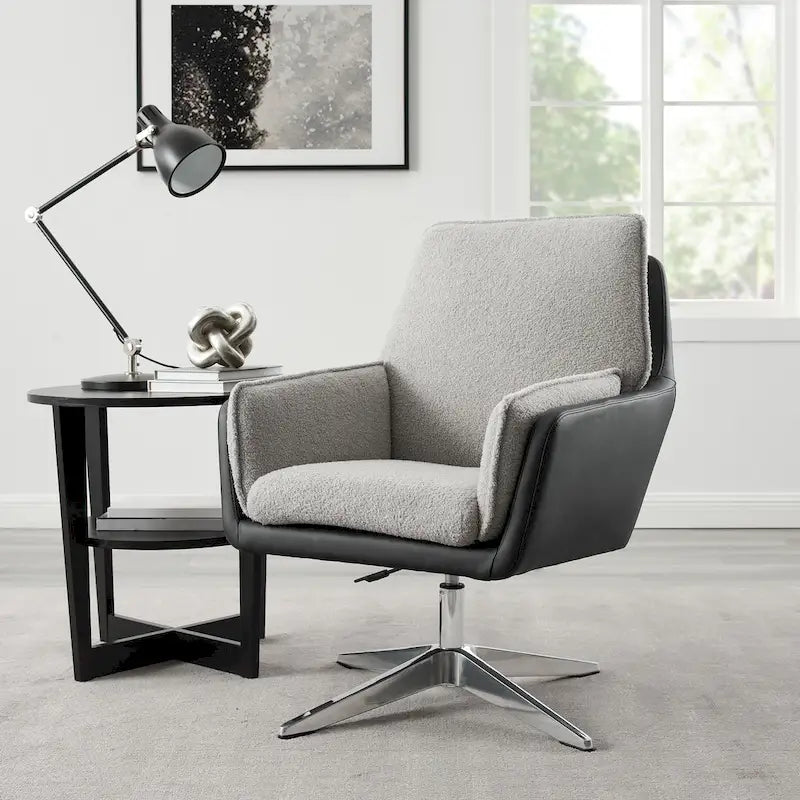 Grey/White/Natural Sherpa Swivel Accent Chair, Single-Seat