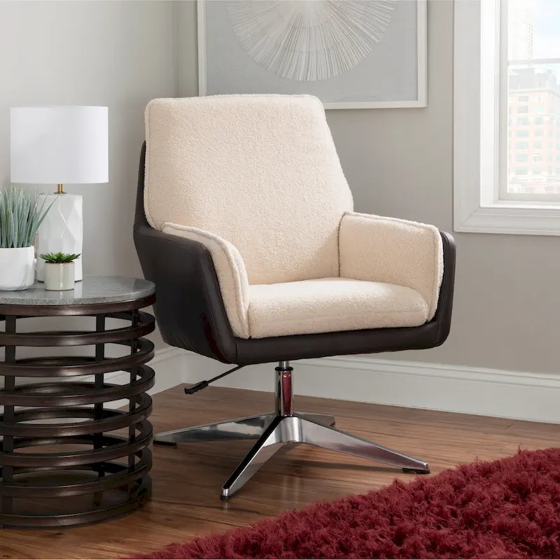 Grey/White/Natural Sherpa Swivel Accent Chair, Single-Seat
