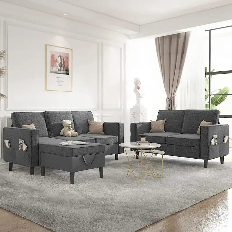 Canapé d'angle convertible gris foncé / gris clair / beige, 3 places + causeuse + pouf, pour 5 à 6 personnes