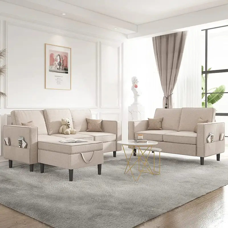 Dark Grey / Light Grey / Beige Convertible Sectional Sofa, 3-Seater + Loveseat + Ottoman, Seats 5–6