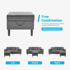 Canapé d'angle convertible gris foncé / gris clair / beige, 3 places + causeuse + pouf, pour 5 à 6 personnes