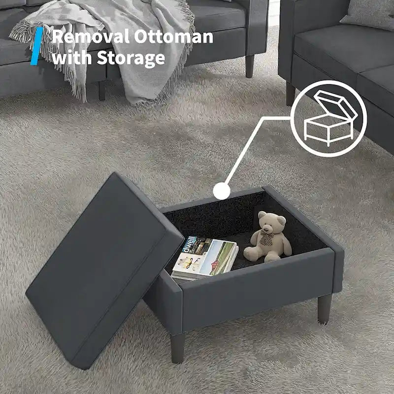Canapé d'angle convertible gris foncé / gris clair / beige, 3 places + causeuse + pouf, pour 5 à 6 personnes