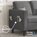 Canapé d'angle convertible gris foncé / gris clair / beige, 3 places + causeuse + pouf, pour 5 à 6 personnes