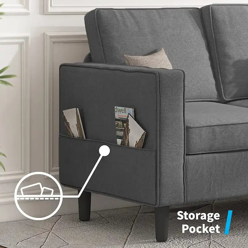 Canapé d'angle convertible gris foncé / gris clair / beige, 3 places + causeuse + pouf, pour 5 à 6 personnes