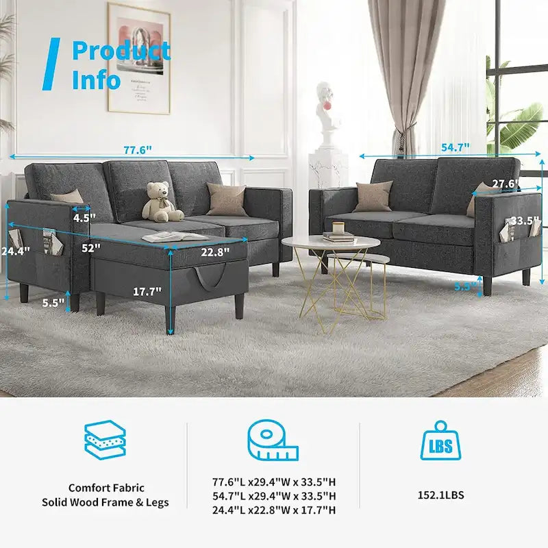 Canapé d'angle convertible gris foncé / gris clair / beige, 3 places + causeuse + pouf, pour 5 à 6 personnes