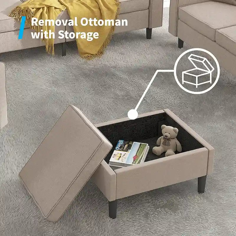 Canapé d'angle convertible gris foncé / gris clair / beige, 3 places + causeuse + pouf, pour 5 à 6 personnes