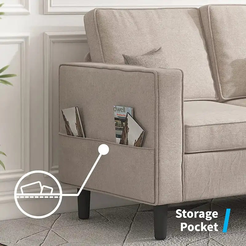 Canapé d'angle convertible gris foncé / gris clair / beige, 3 places + causeuse + pouf, pour 5 à 6 personnes