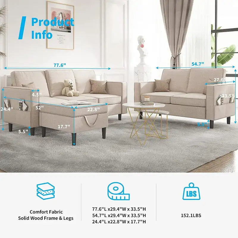 Canapé d'angle convertible gris foncé / gris clair / beige, 3 places + causeuse + pouf, pour 5 à 6 personnes