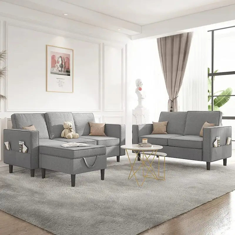 Canapé d'angle convertible gris foncé / gris clair / beige, 3 places + causeuse + pouf, pour 5 à 6 personnes