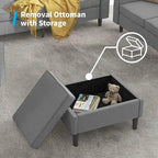 Canapé d'angle convertible gris foncé / gris clair / beige, 3 places + causeuse + pouf, pour 5 à 6 personnes
