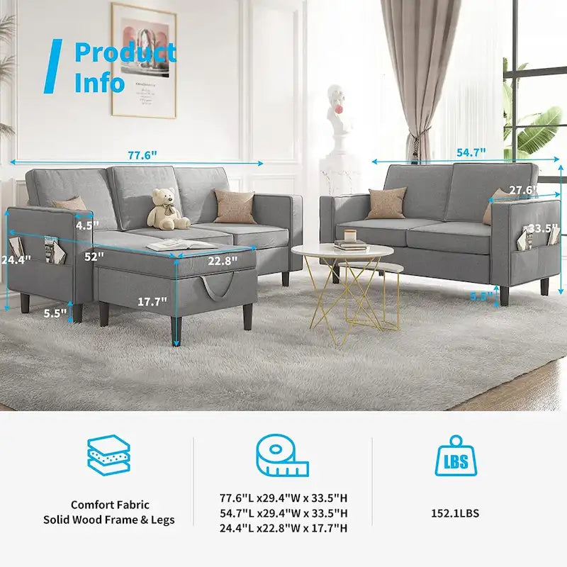 Canapé d'angle convertible gris foncé / gris clair / beige, 3 places + causeuse + pouf, pour 5 à 6 personnes