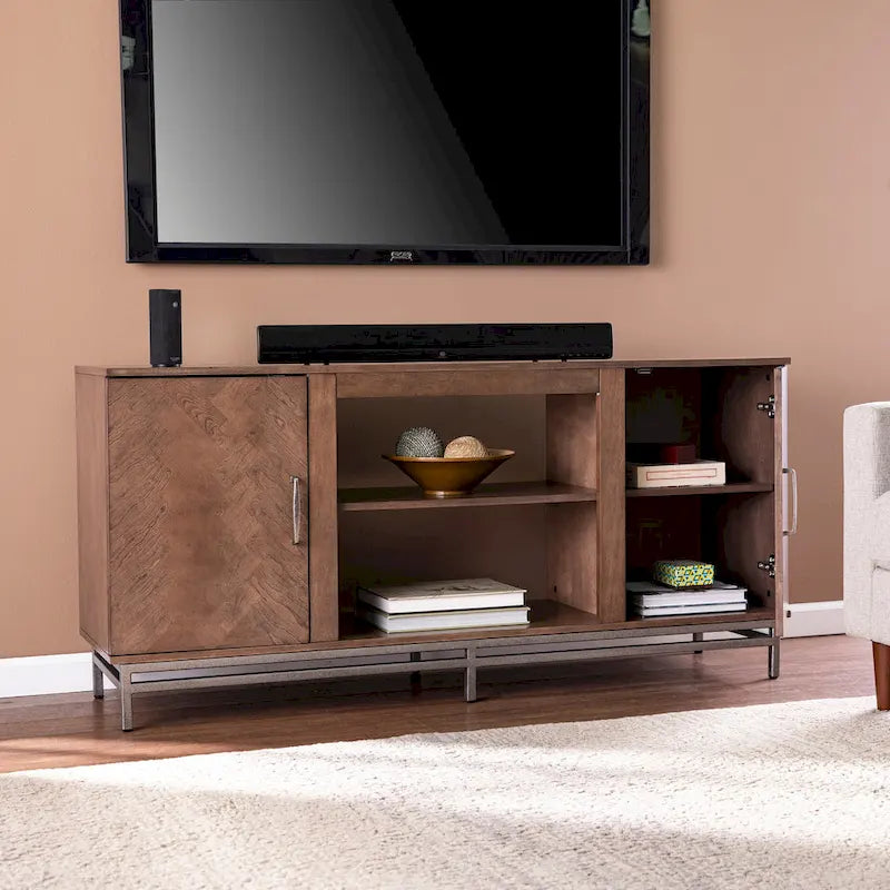 Meuble TV 2 portes à chevrons marron avec rangement, convient à 1 TV jusqu'à 56 pouces