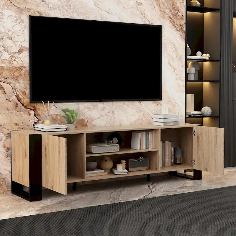 Wood Grain & Black TV Stand with Electric Fireplace Insert, 3 Options, for 1 Room