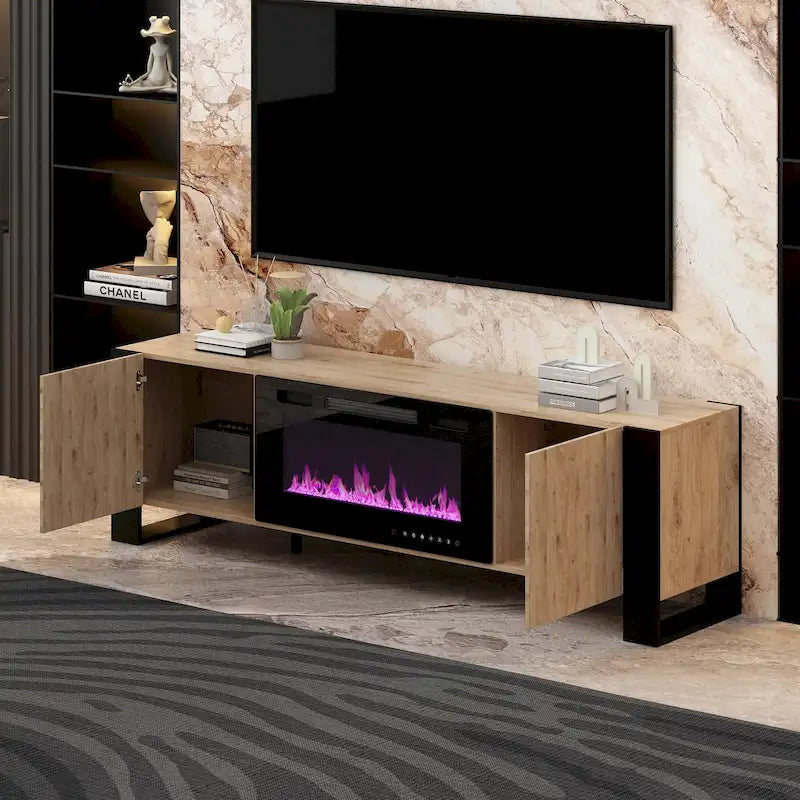 Wood Grain & Black TV Stand with Electric Fireplace Insert, 3 Options, for 1 Room