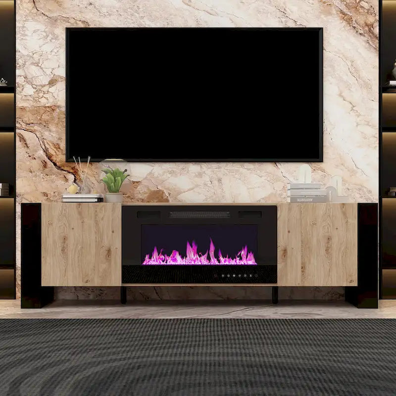 Wood Grain & Black TV Stand with Electric Fireplace Insert, 3 Options, for 1 Room