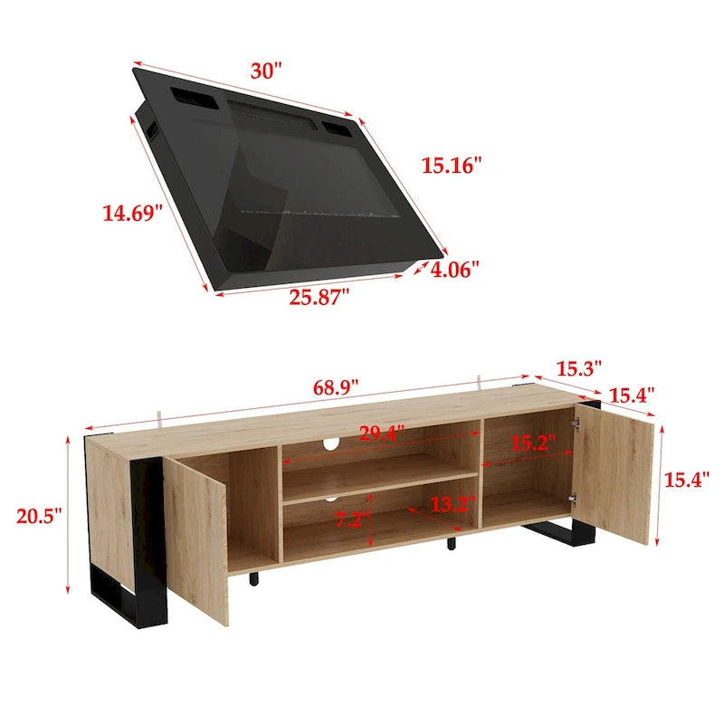 Wood Grain & Black TV Stand with Electric Fireplace Insert, 3 Options, for 1 Room