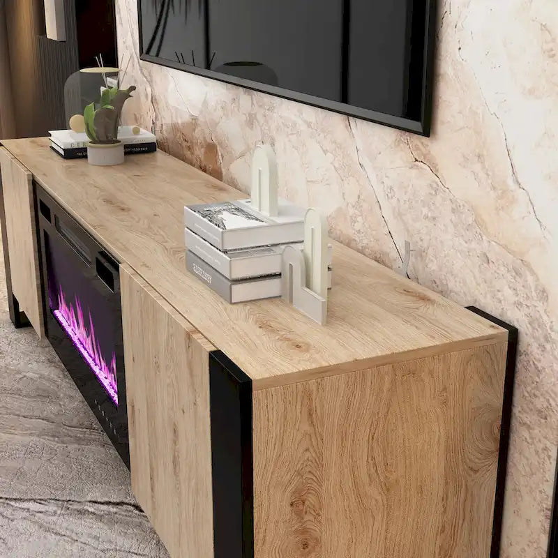 Wood Grain & Black TV Stand with Electric Fireplace Insert, 3 Options, for 1 Room