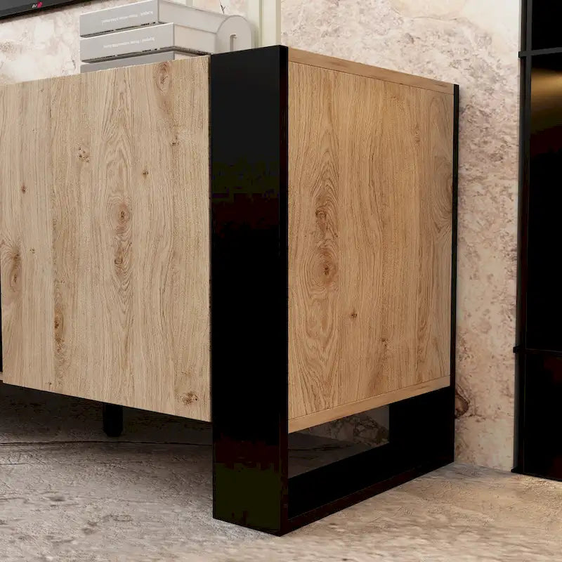 Wood Grain & Black TV Stand with Electric Fireplace Insert, 3 Options, for 1 Room