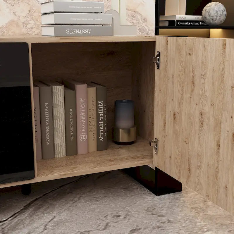 Wood Grain & Black TV Stand with Electric Fireplace Insert, 3 Options, for 1 Room