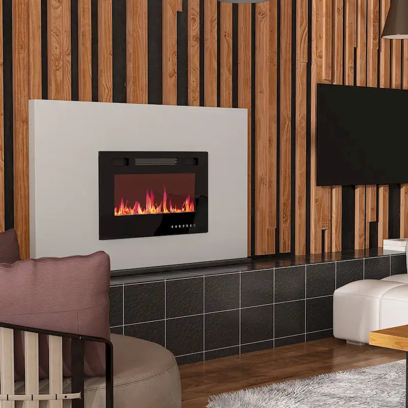 Wood Grain & Black TV Stand with Electric Fireplace Insert, 3 Options, for 1 Room