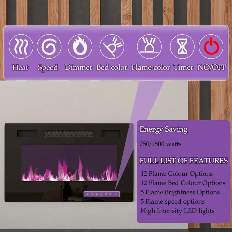 Wood Grain & Black TV Stand with Electric Fireplace Insert, 3 Options, for 1 Room